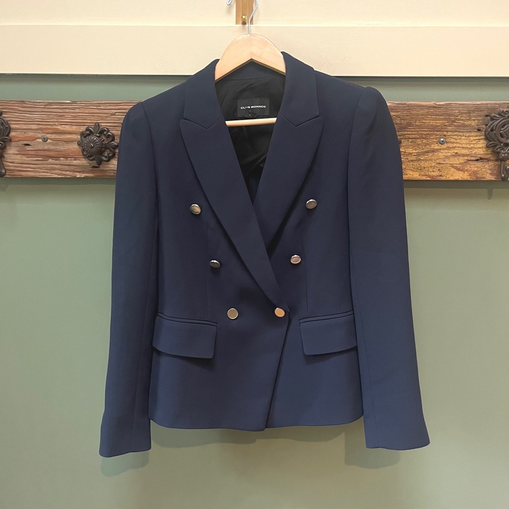 Club Monaco Navy Blue Double Breasted Blazer Silver Button Peak Lapel Size 6